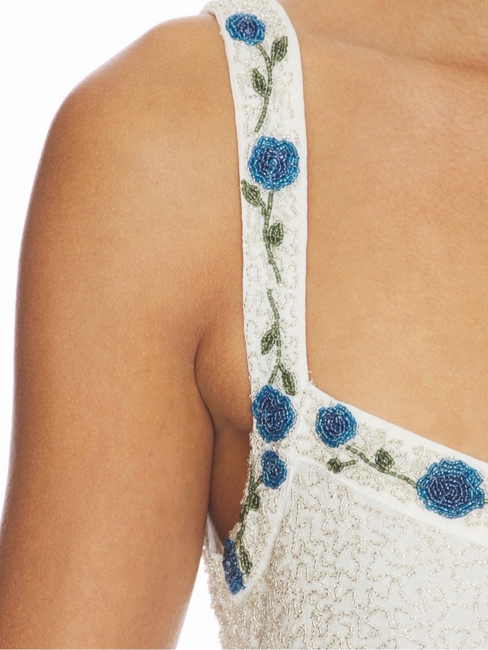 For Love And Lemons White Mini Dress with Blue Floral Appliqué - Picture 3 of 4
